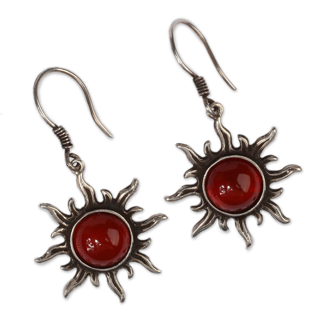 Carnelian Cabochon and Sterling Silver Sun Dangle Earrings - Sunny Fieriness