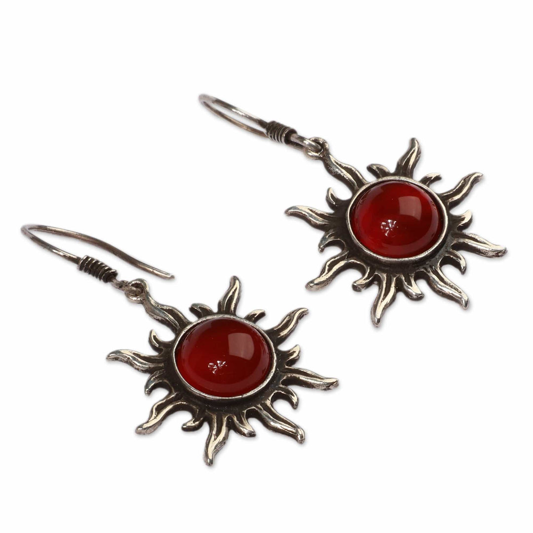 Carnelian Cabochon and Sterling Silver Sun Dangle Earrings - Sunny Fieriness