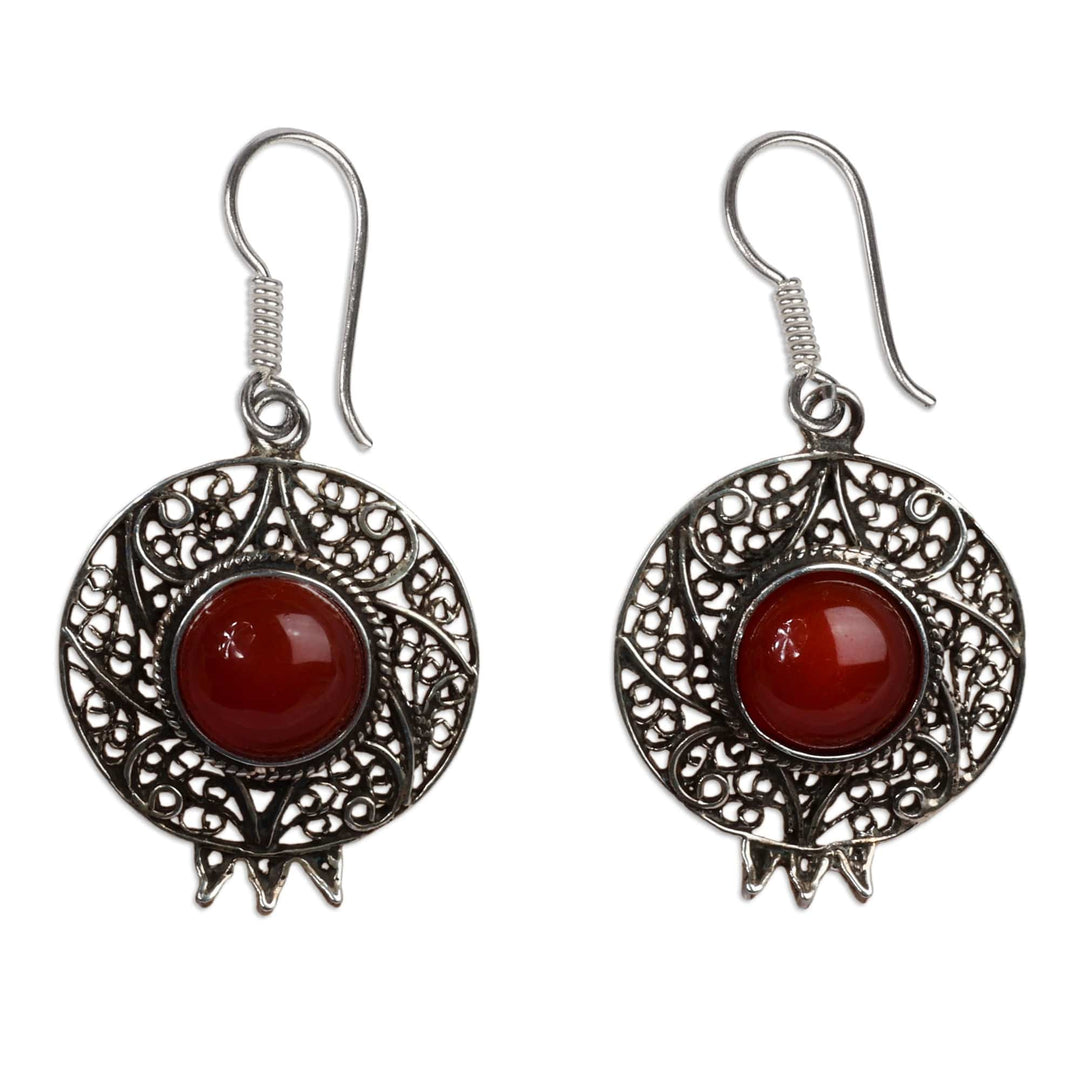 Pomegranate-Themed Round Carnelian Cabochon Dangle Earrings - Pomegranate Dame