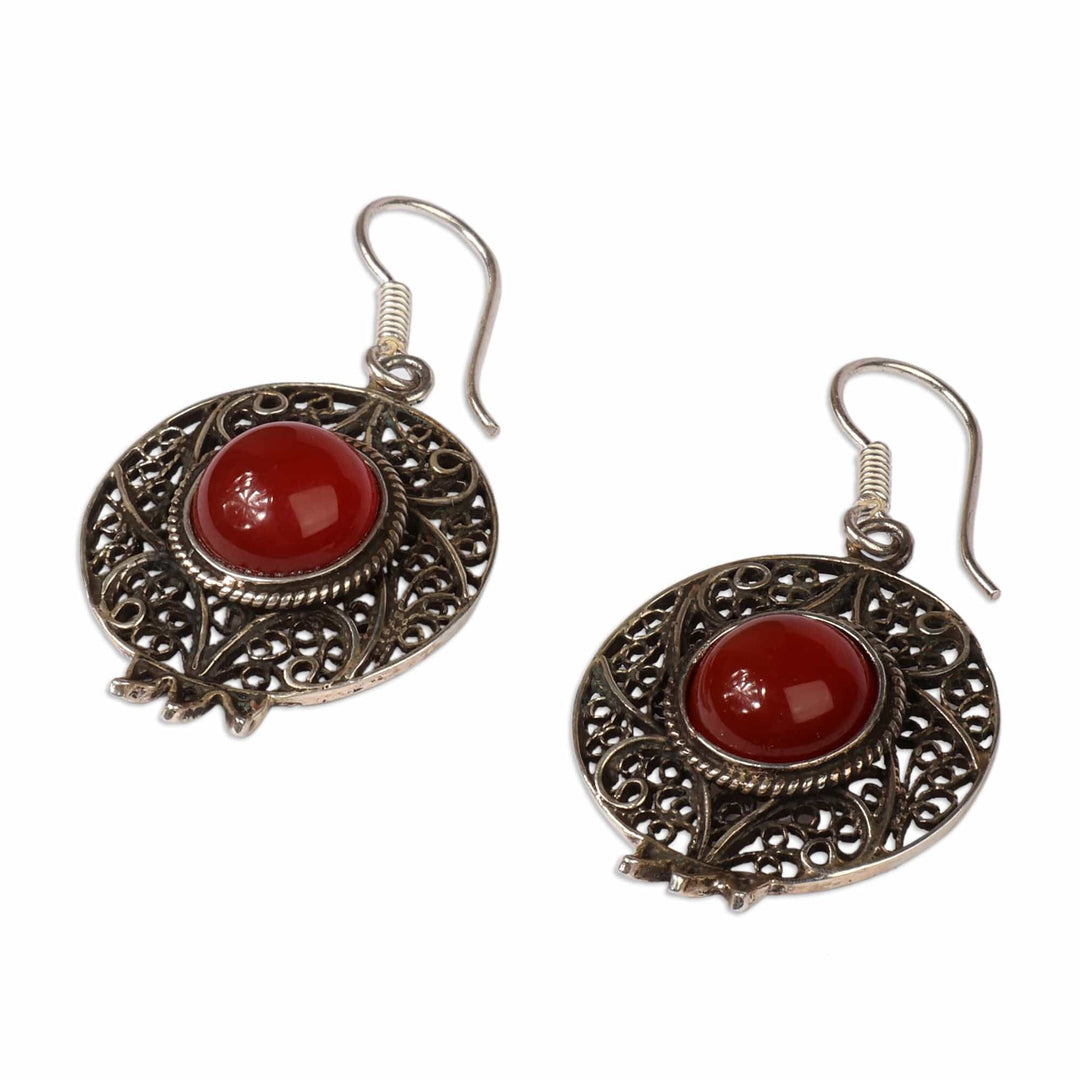 Pomegranate-Themed Round Carnelian Cabochon Dangle Earrings - Pomegranate Dame