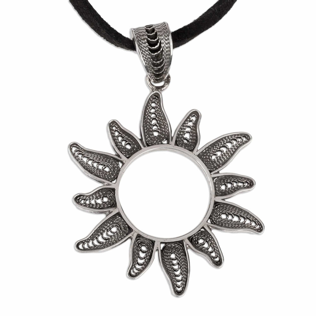 Oxidized Sun-Shaped Sterling Silver Long Pendant Necklace - New Sunshine
