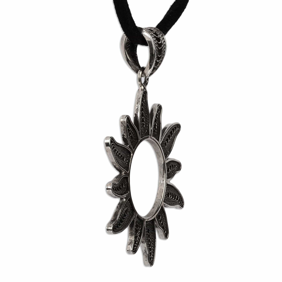 Oxidized Sun-Shaped Sterling Silver Long Pendant Necklace - New Sunshine