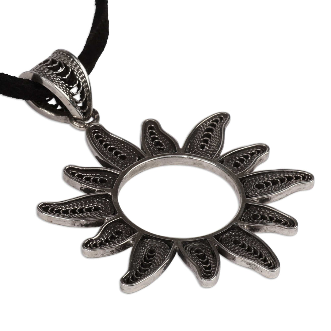 Oxidized Sun-Shaped Sterling Silver Long Pendant Necklace - New Sunshine