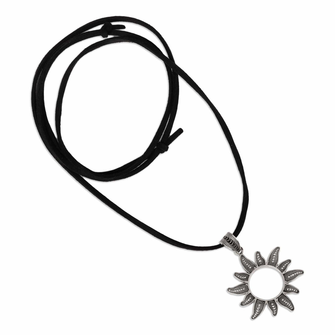 Oxidized Sun-Shaped Sterling Silver Long Pendant Necklace - New Sunshine