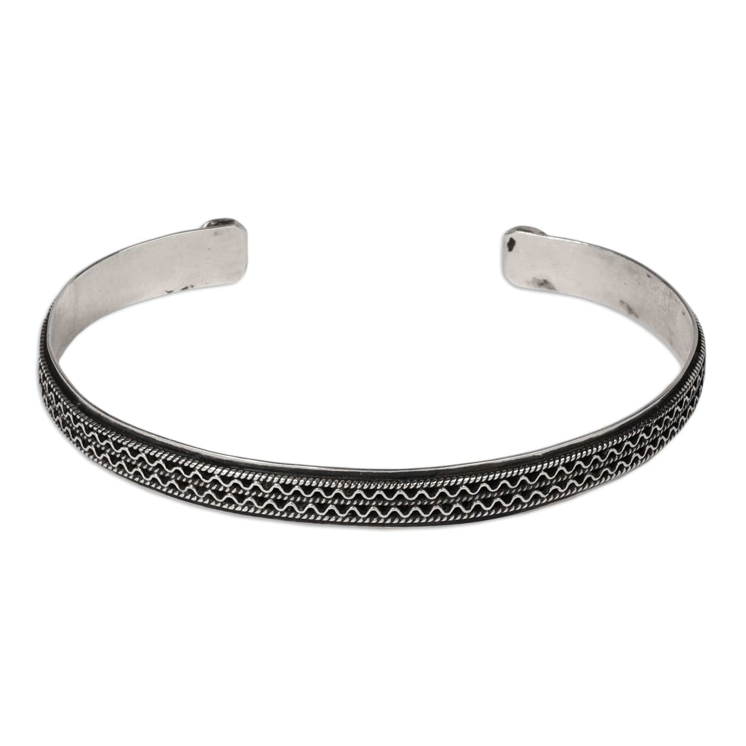 Traditional Oxidized Folk Art Sterling Silver Cuff Bracelet - Tie to Magnificence