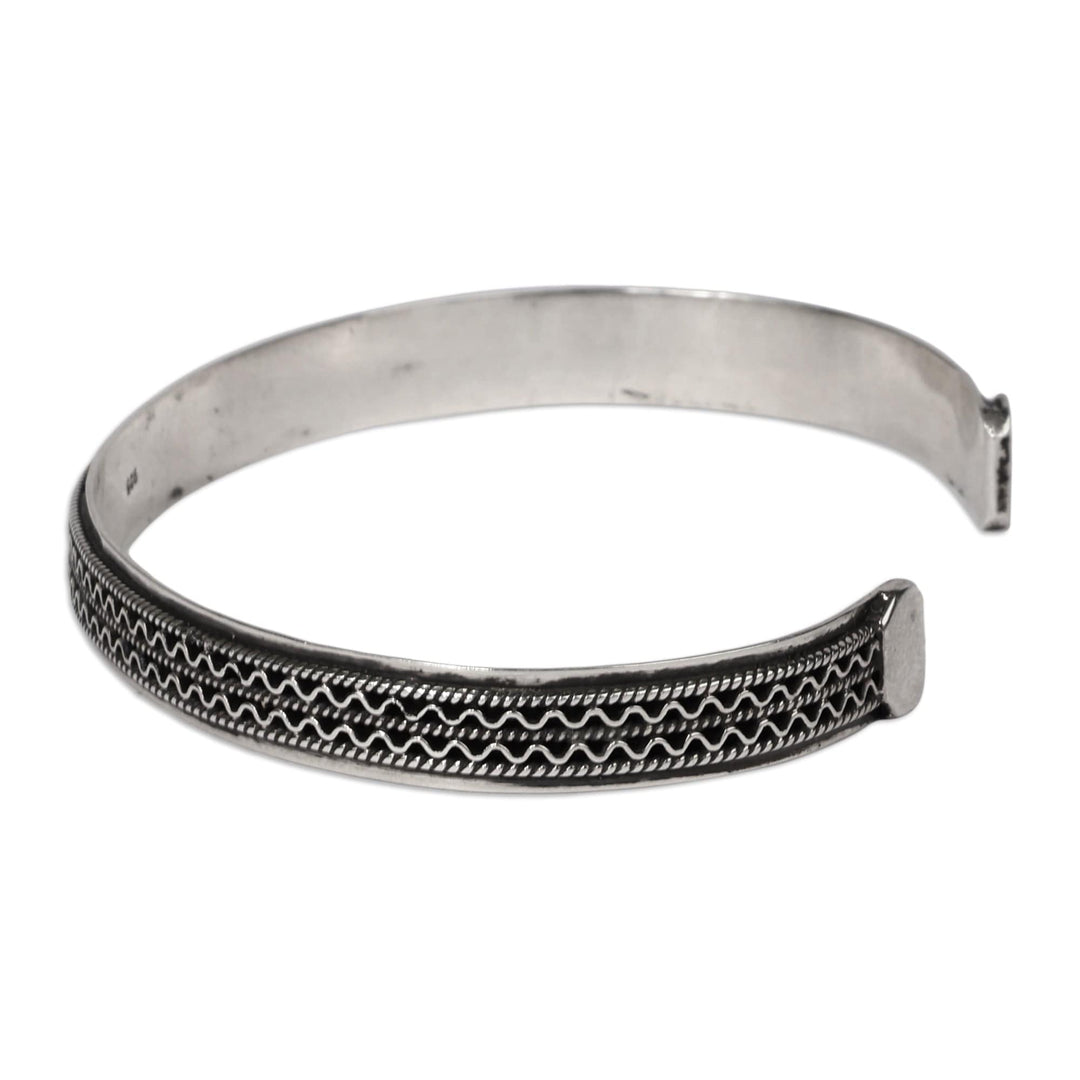 Traditional Oxidized Folk Art Sterling Silver Cuff Bracelet - Tie to Magnificence