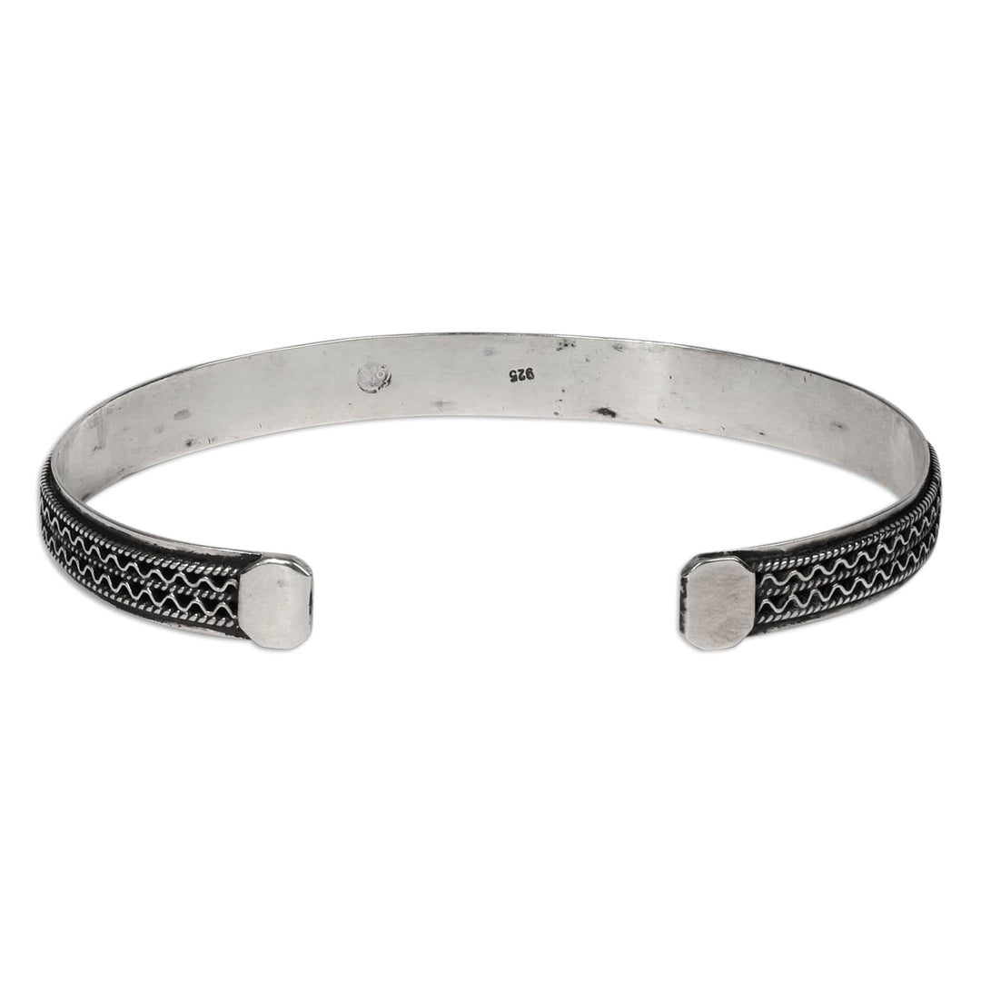 Traditional Oxidized Folk Art Sterling Silver Cuff Bracelet - Tie to Magnificence