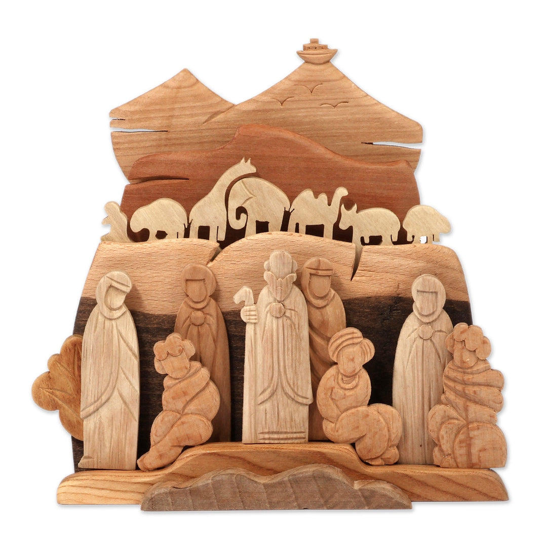 Christian-Inspired Wood Sculpture of Noah and His Family - Noah and Mount Ararat