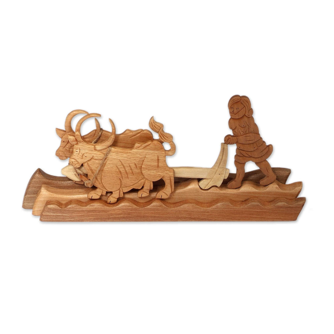 Folk Art Handmade Man and Oxen Wood Sculpture from Armenia - Tillage