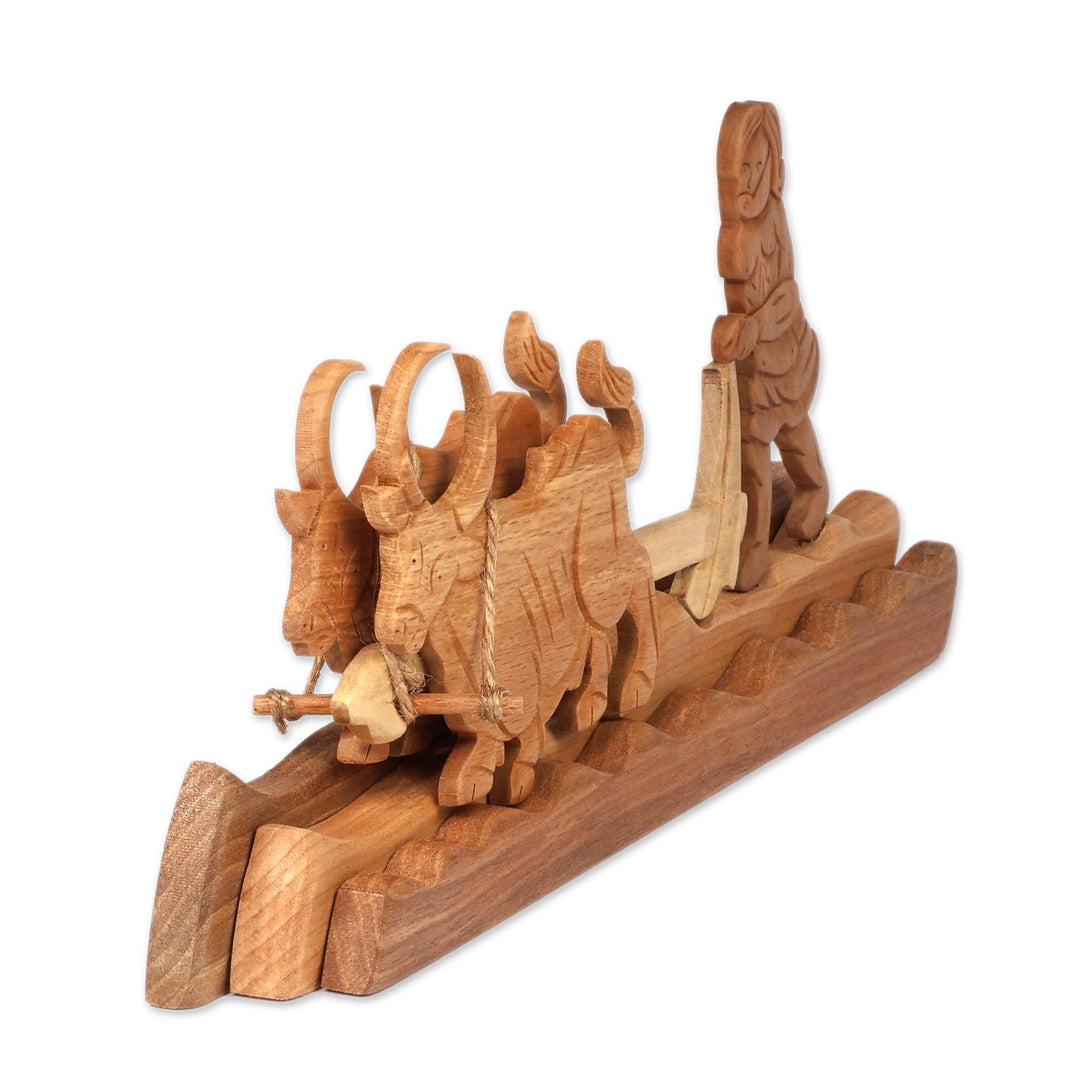 Folk Art Handmade Man and Oxen Wood Sculpture from Armenia - Tillage