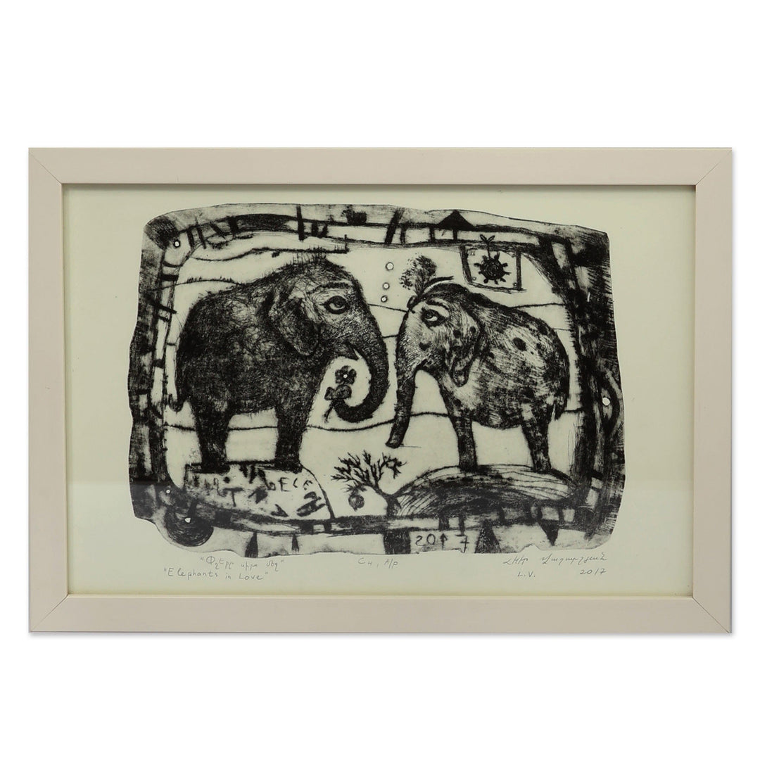 Fair Trade Ink on Paper Elephant Intaglio Print from Armenia - Elephants in Love