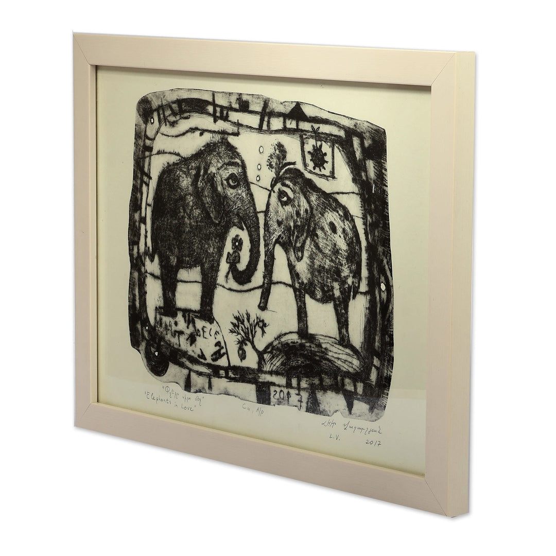 Fair Trade Ink on Paper Elephant Intaglio Print from Armenia - Elephants in Love