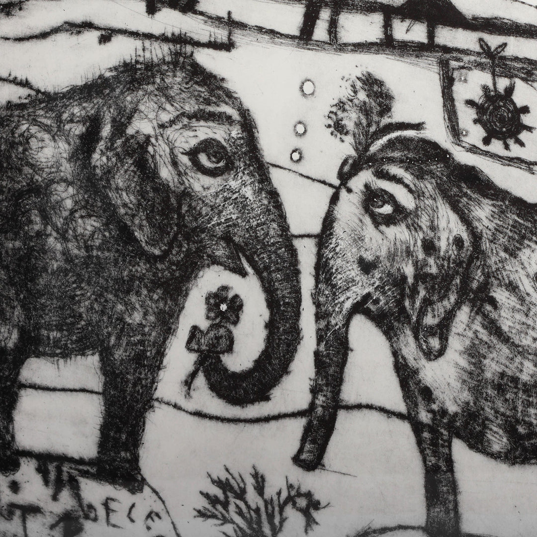 Fair Trade Ink on Paper Elephant Intaglio Print from Armenia - Elephants in Love