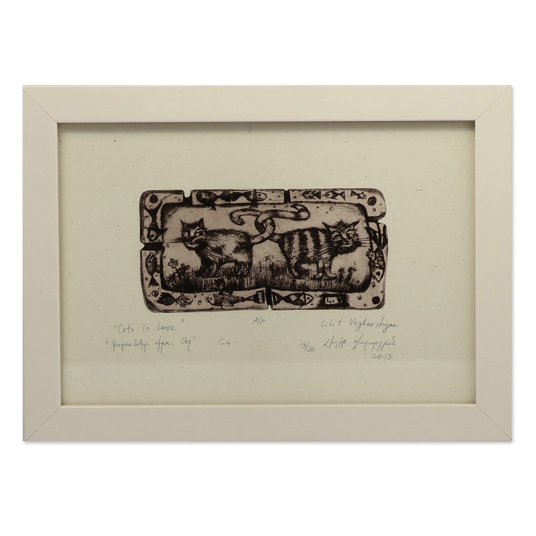 Framed Romantic Ink on Paper Cat Intaglio Print from Armenia - Cats in Love