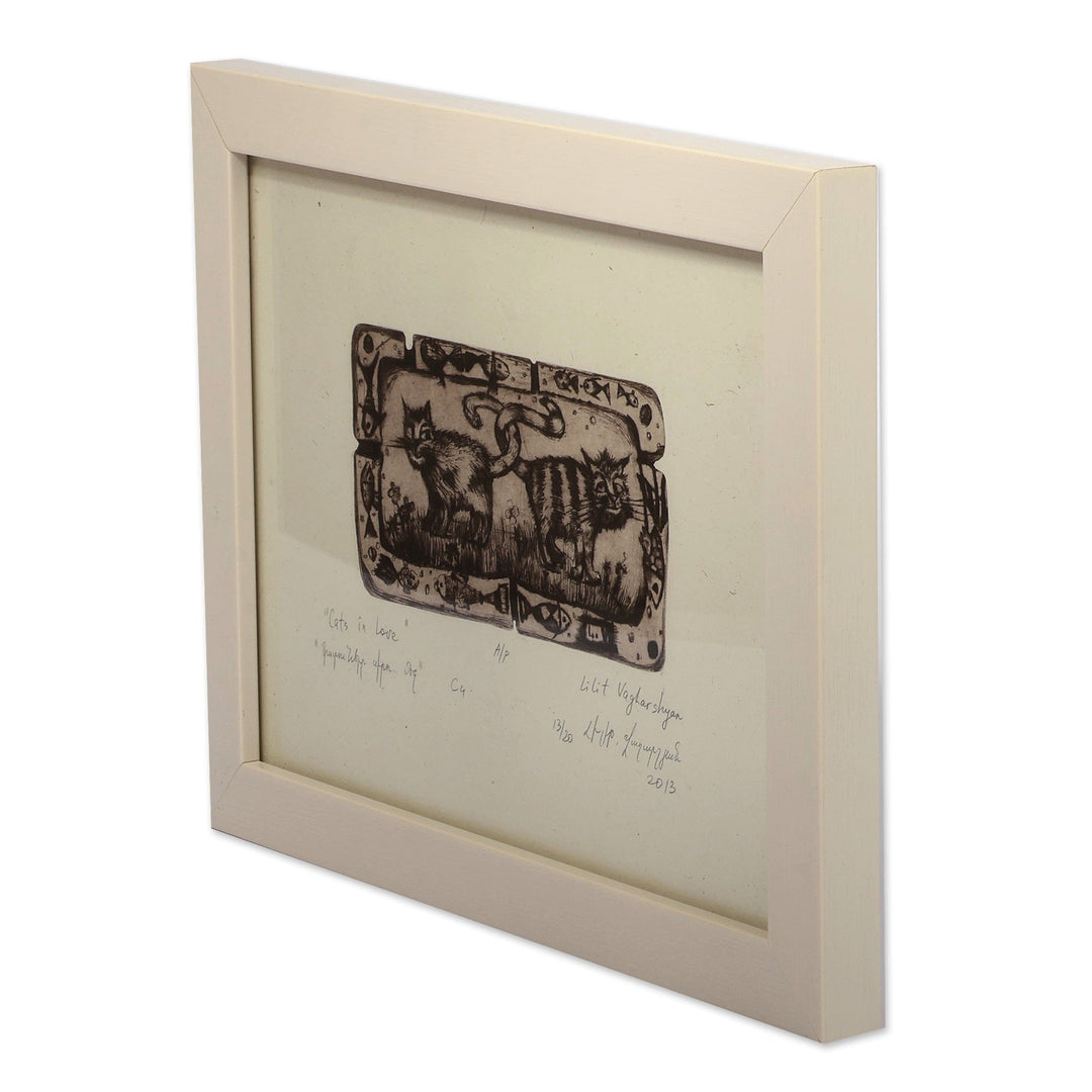 Framed Romantic Ink on Paper Cat Intaglio Print from Armenia - Cats in Love
