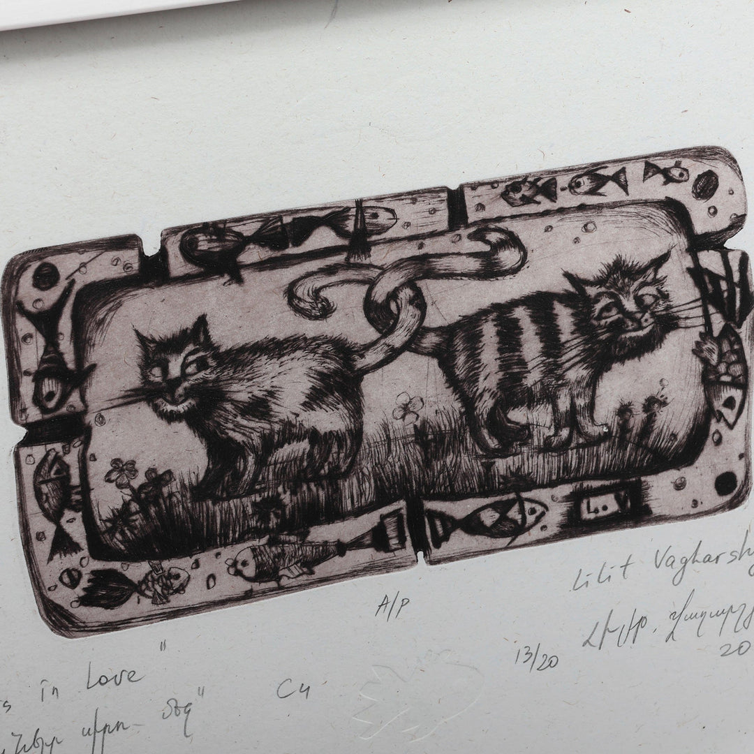 Framed Romantic Ink on Paper Cat Intaglio Print from Armenia - Cats in Love