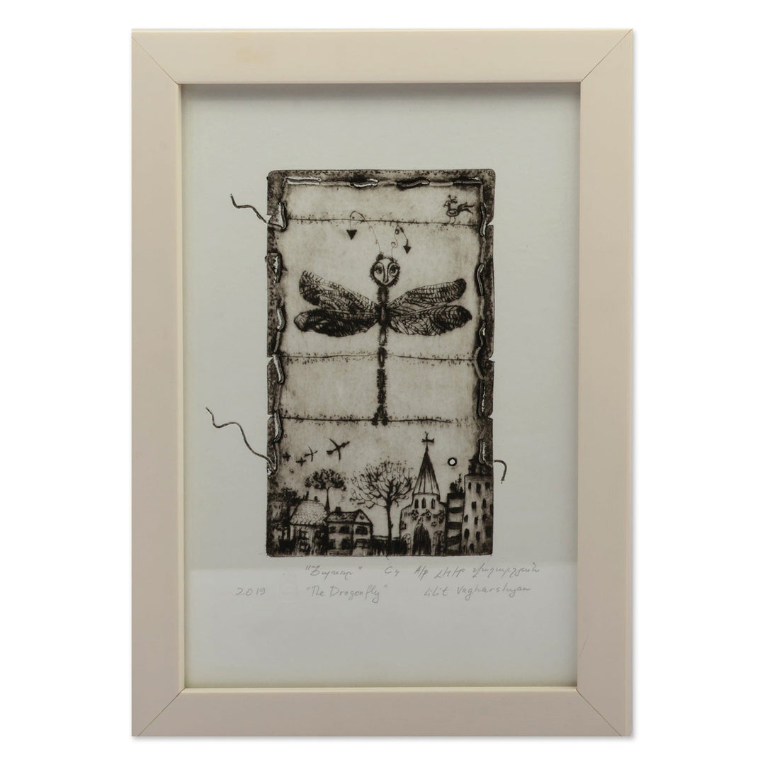 Dragonfly-Themed Ink on Paper Intaglio Print Made in Armenia - The Dragonfly