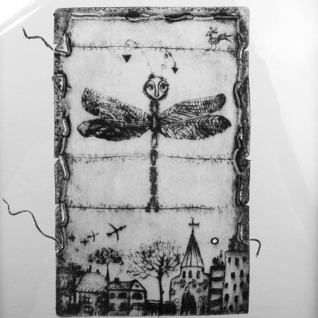 Dragonfly-Themed Ink on Paper Intaglio Print Made in Armenia - The Dragonfly