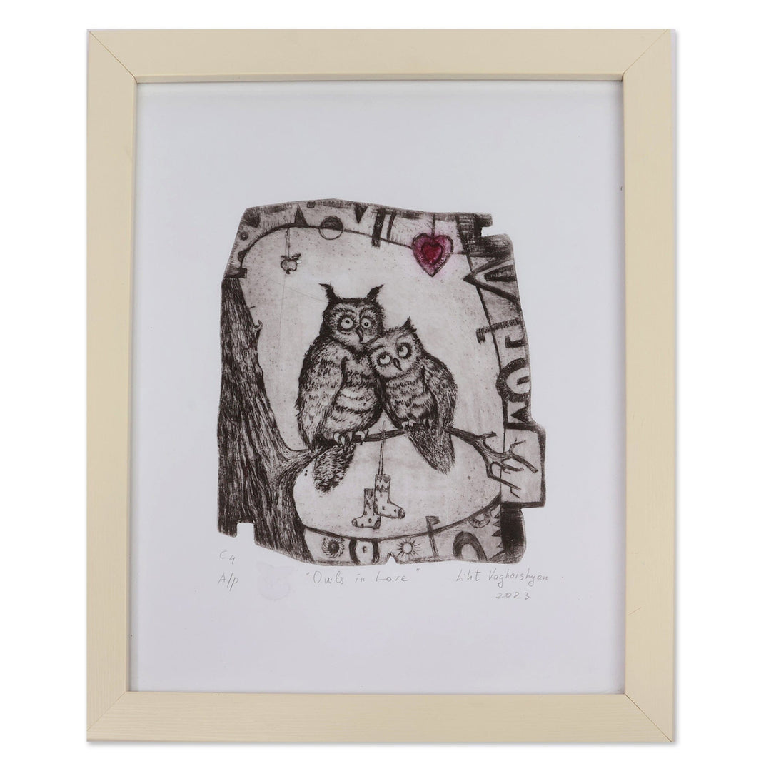 Armenian Ink on Paper Intaglio Print of Romantic Owl Couple - Owls in Love