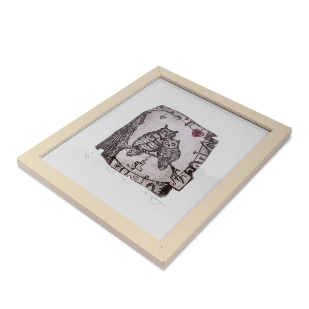 Armenian Ink on Paper Intaglio Print of Romantic Owl Couple - Owls in Love