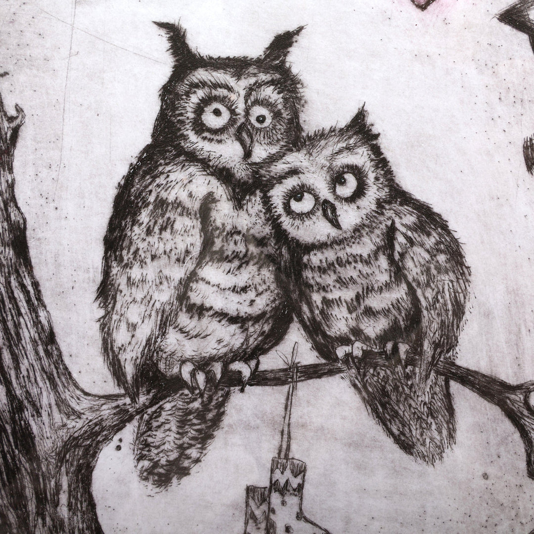 Armenian Ink on Paper Intaglio Print of Romantic Owl Couple - Owls in Love