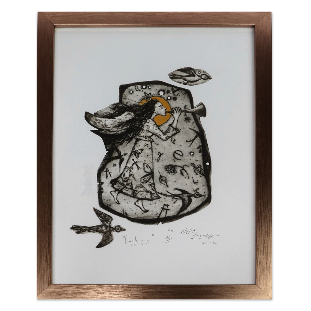 Traditional Ink on Paper Intaglio Print of Angel and Birds - Good News