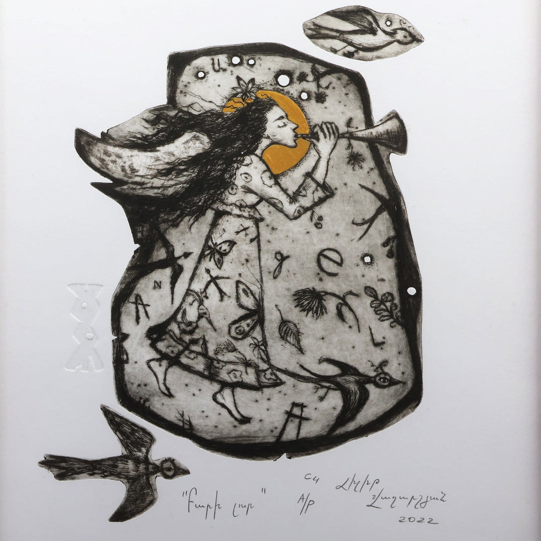 Traditional Ink on Paper Intaglio Print of Angel and Birds - Good News