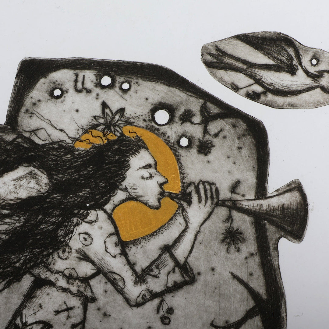 Traditional Ink on Paper Intaglio Print of Angel and Birds - Good News