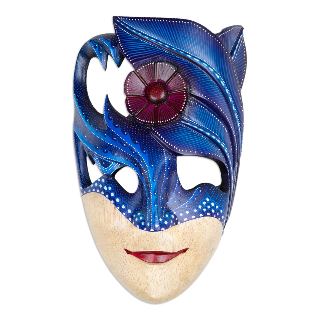 Fantasy-Inspired Blue Albesia Wood Mask with Batik Details - Tree Phantom