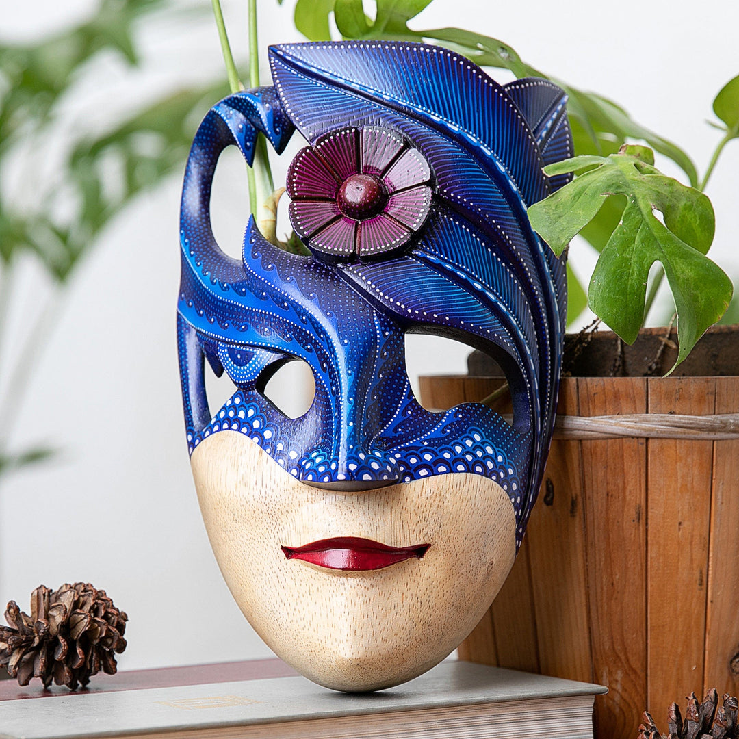 Fantasy-Inspired Blue Albesia Wood Mask with Batik Details - Tree Phantom
