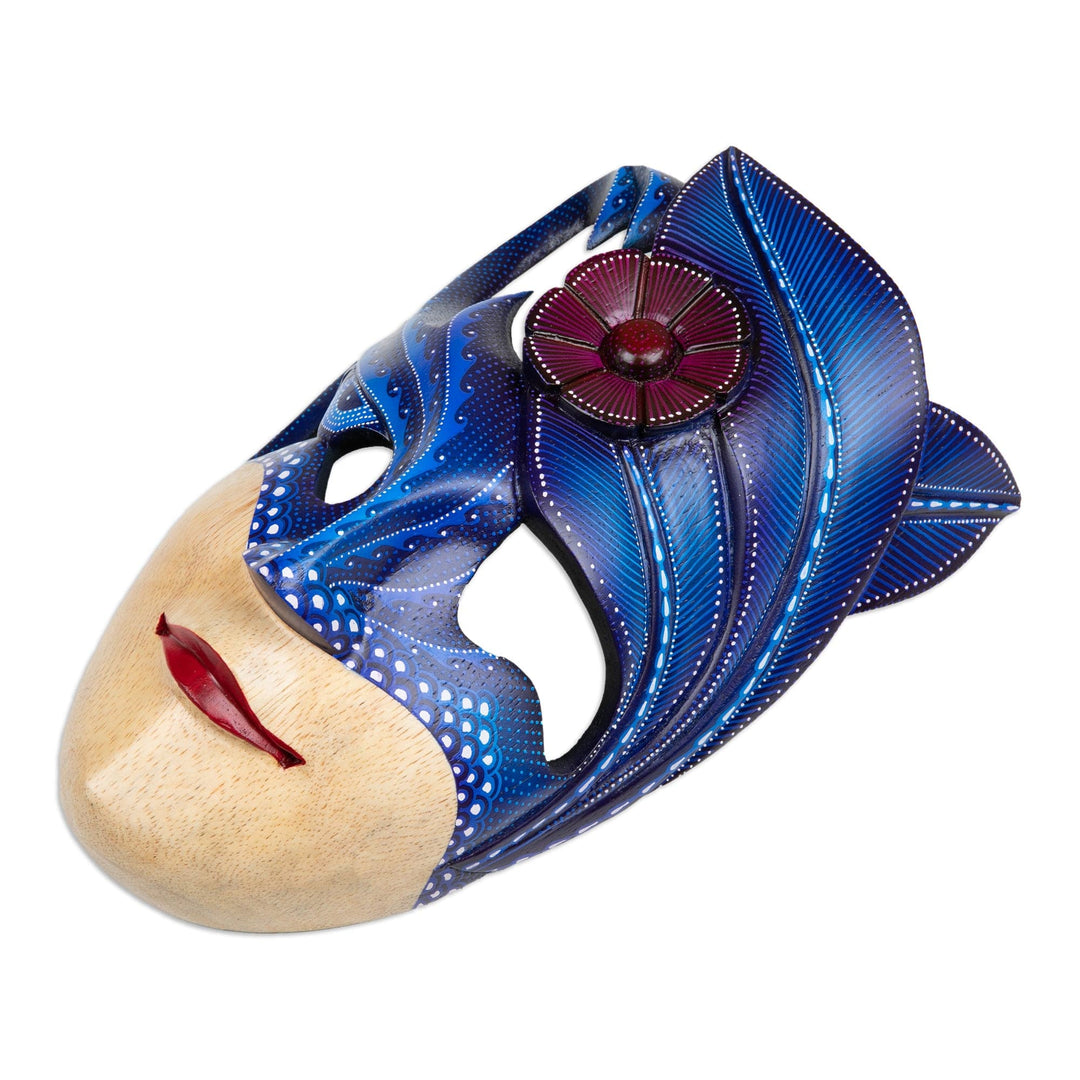 Fantasy-Inspired Blue Albesia Wood Mask with Batik Details - Tree Phantom