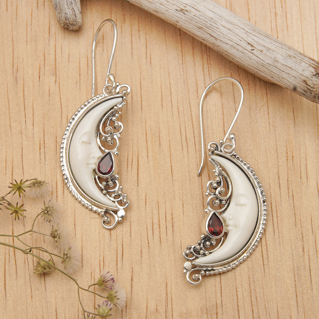 Moon-Themed Natural Garnet Dangle Earrings Crafted in Bali - Moonlight Passion