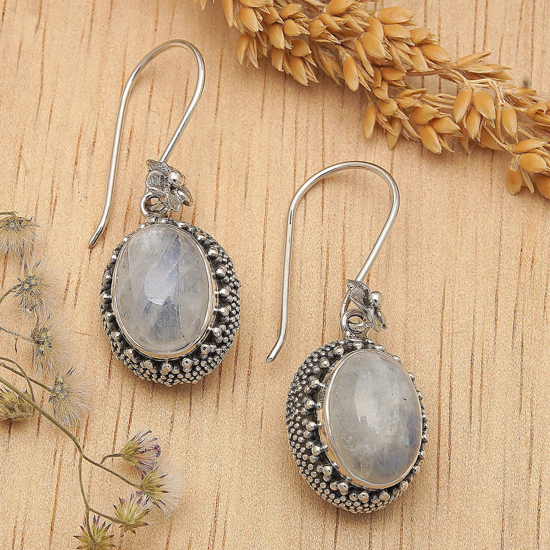 Artisan-Crafted Natural Rainbow Moonstone Dangle Earrings - Misty Essence