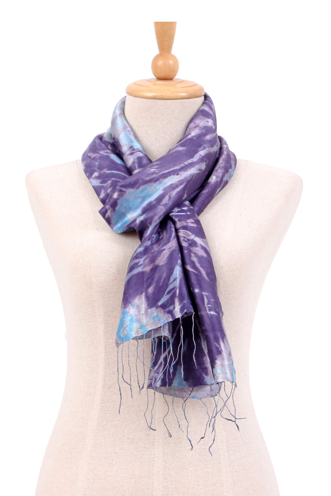 Tie-Dyed Blue-Violet and Turquoise Silk Scarf with Fringes - Blue-Violet Breeze