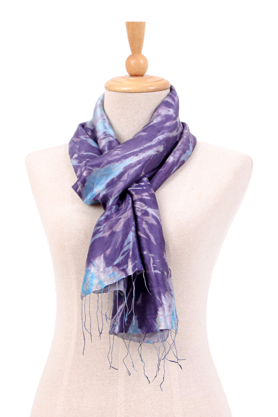Tie-Dyed Blue-Violet and Turquoise Silk Scarf with Fringes - Blue-Violet Breeze