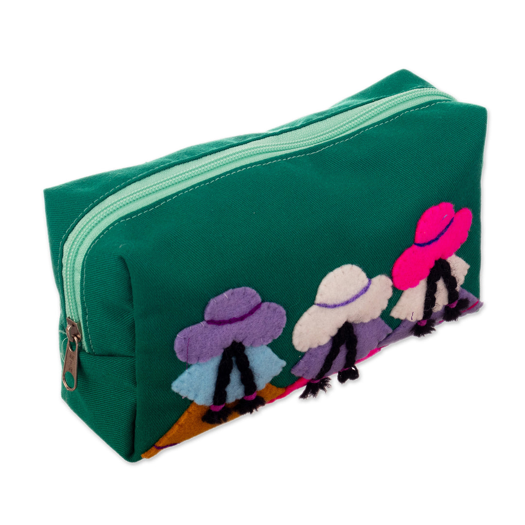 Inspirational Teal Green Applique Cotton Blend Cosmetic Bag - Teal Sisters