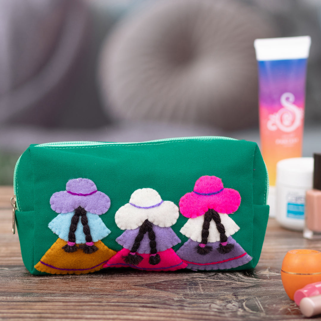 Inspirational Teal Green Applique Cotton Blend Cosmetic Bag - Teal Sisters