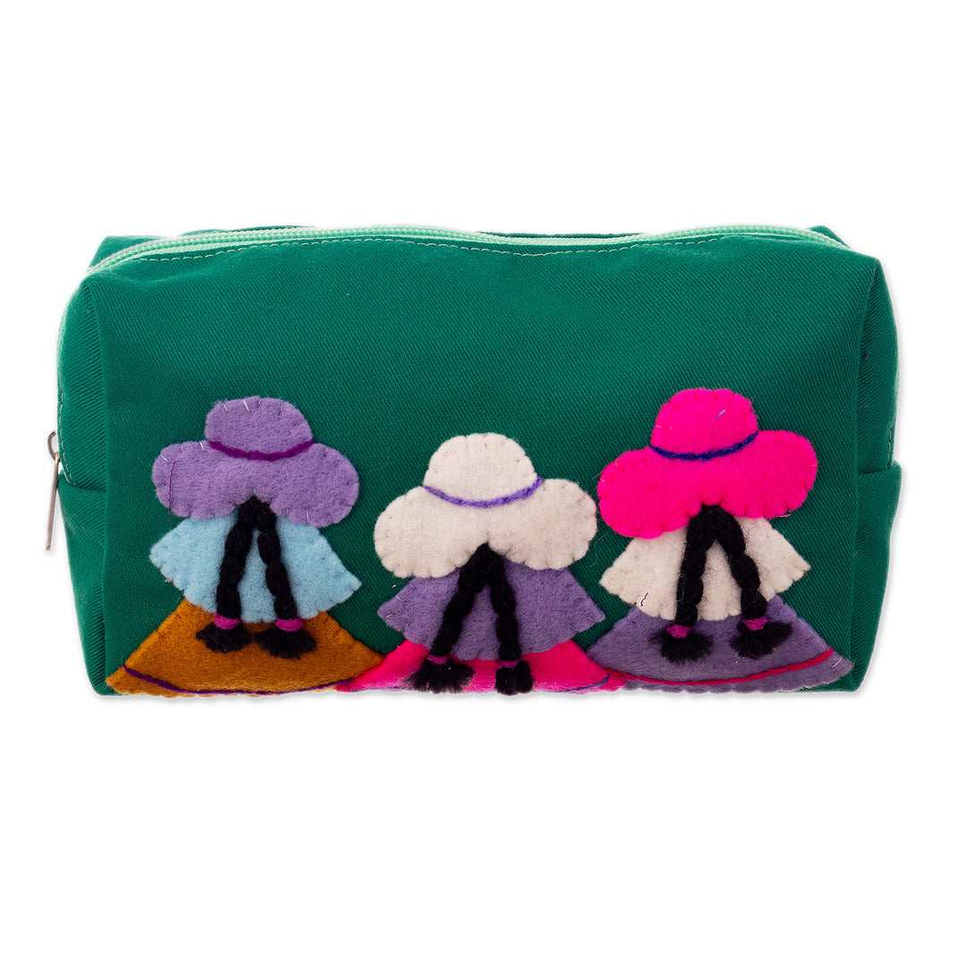 Inspirational Teal Green Applique Cotton Blend Cosmetic Bag - Teal Sisters