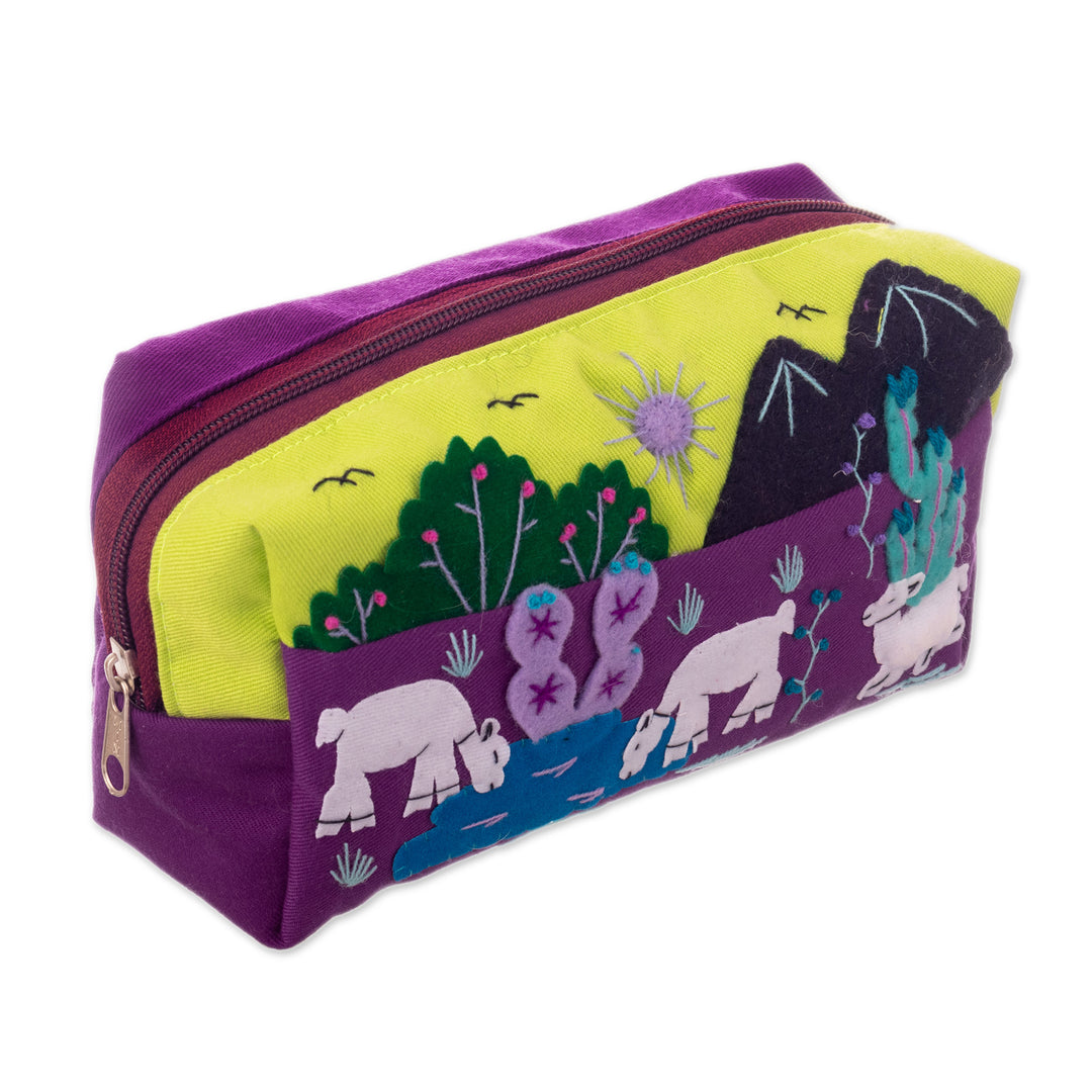 Llama-Themed Applique Cotton and Acrylic Cosmetic Bag - Andean Landscape