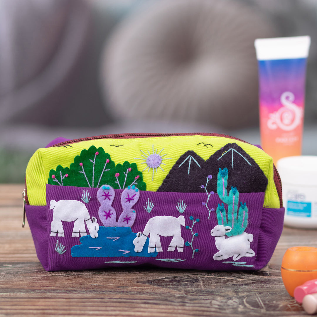 Llama-Themed Applique Cotton and Acrylic Cosmetic Bag - Andean Landscape