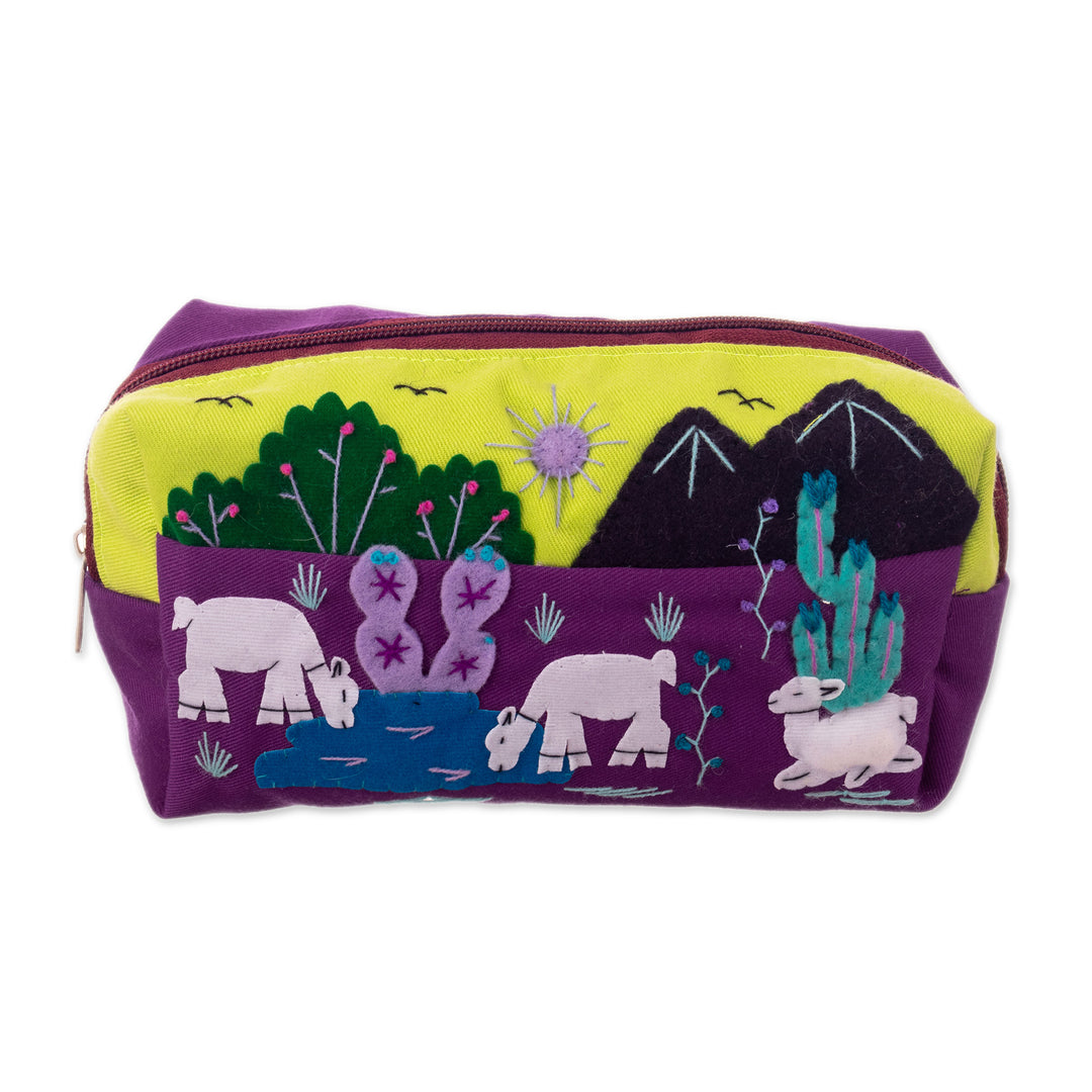 Llama-Themed Applique Cotton and Acrylic Cosmetic Bag - Andean Landscape