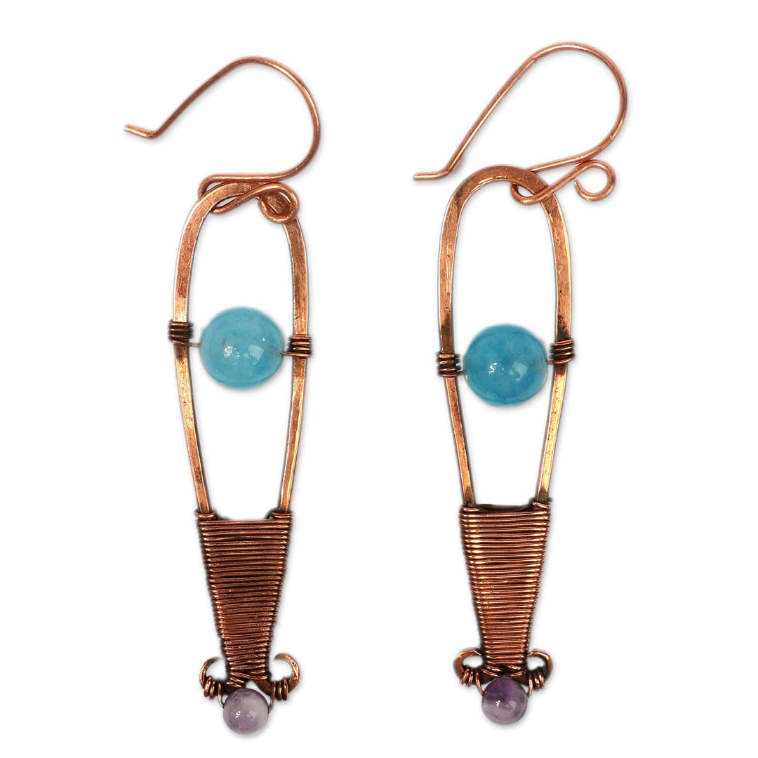 Antiqued Copper Natural Apatite and Amethyst Dangle Earrings - Ethereal Altars