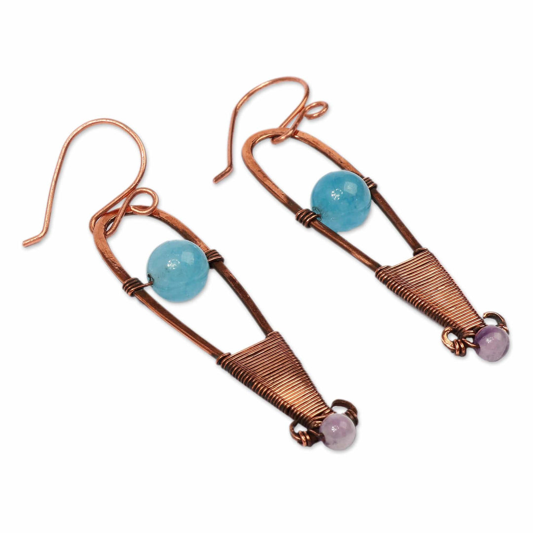Antiqued Copper Natural Apatite and Amethyst Dangle Earrings - Ethereal Altars