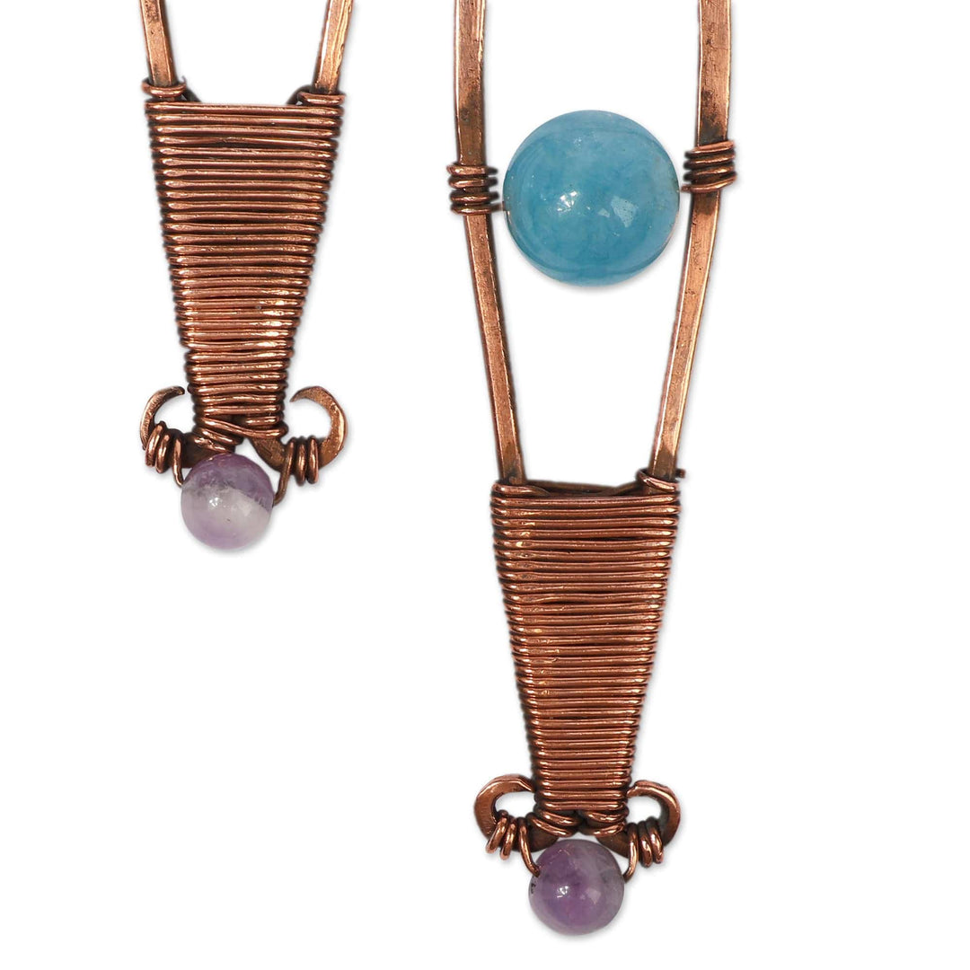 Antiqued Copper Natural Apatite and Amethyst Dangle Earrings - Ethereal Altars