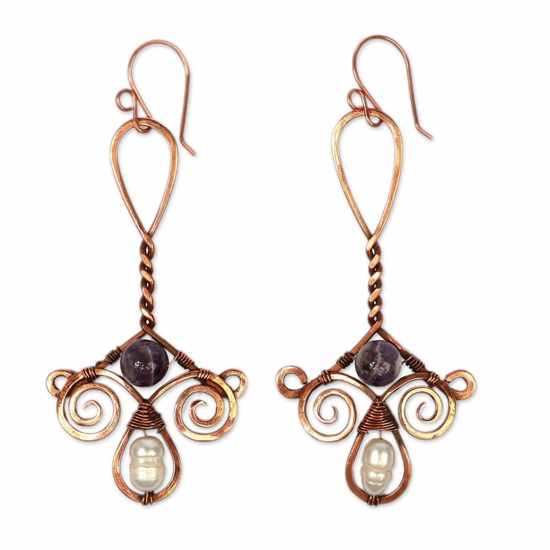Classic Antiqued Copper Amethyst and Pearl Dangle Earrings - Enchanted Dame