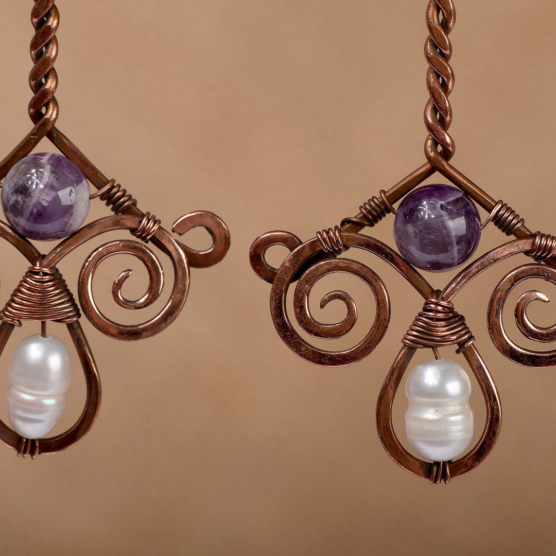 Classic Antiqued Copper Amethyst and Pearl Dangle Earrings - Enchanted Dame
