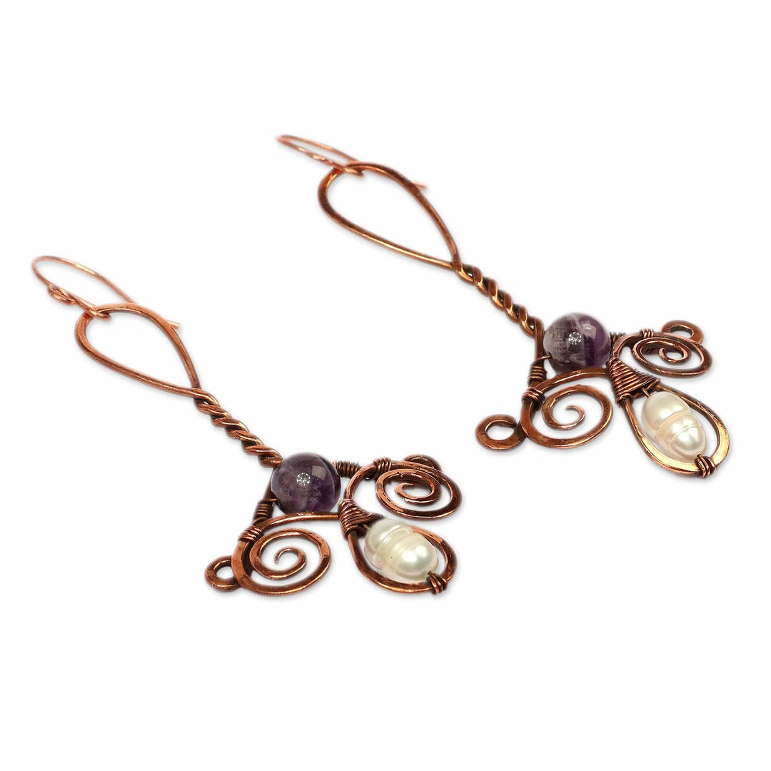 Classic Antiqued Copper Amethyst and Pearl Dangle Earrings - Enchanted Dame