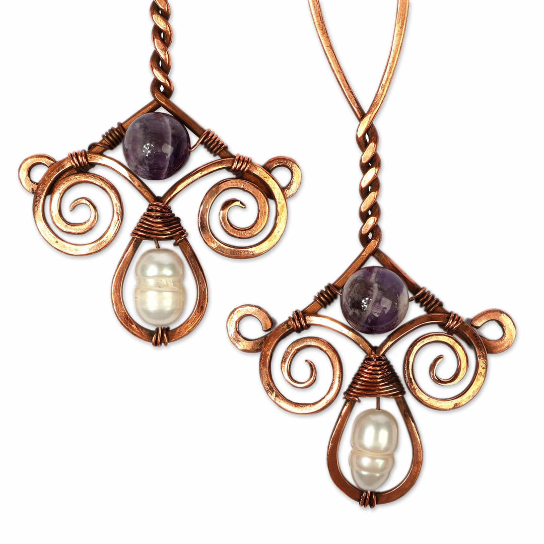 Classic Antiqued Copper Amethyst and Pearl Dangle Earrings - Enchanted Dame