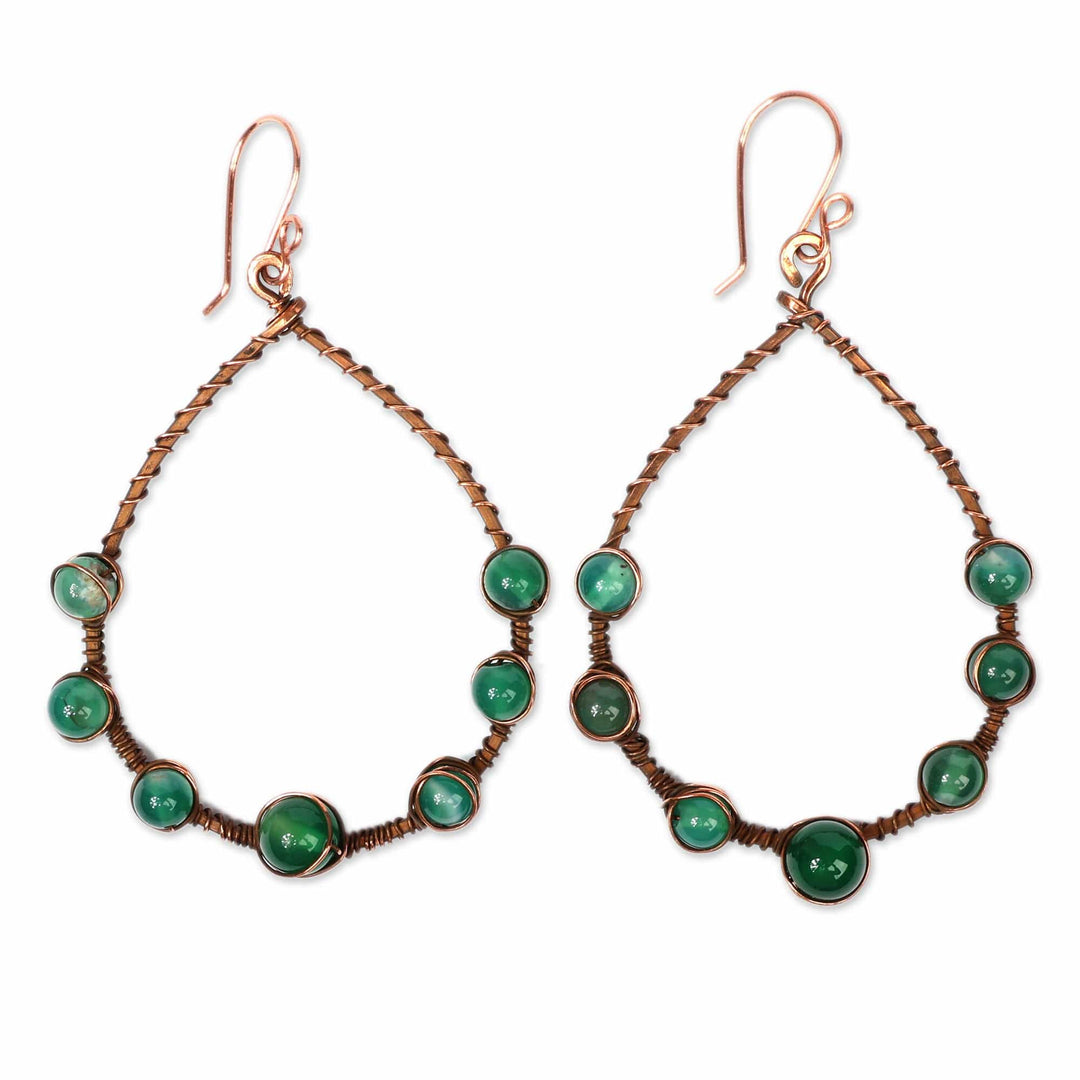 Natural Green Agate and Antiqued Copper Dangle Earrings - Hopeful Dew