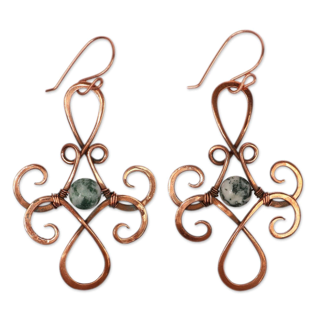 Folk Art Floral Antiqued Copper and Agate Dangle Earrings - Mystic Spring